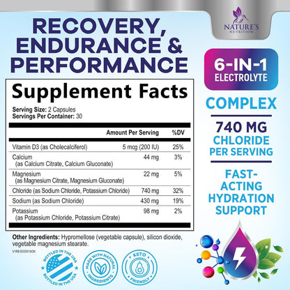 Electrolyte Capsules - Hydration Electrolytes Complex with Magnesium, Sodium, Potassium and Chloride - Keto Friendly Rehydration Recovery Supplement with Zero Sugar - Bottled in USA - 60 Capsules