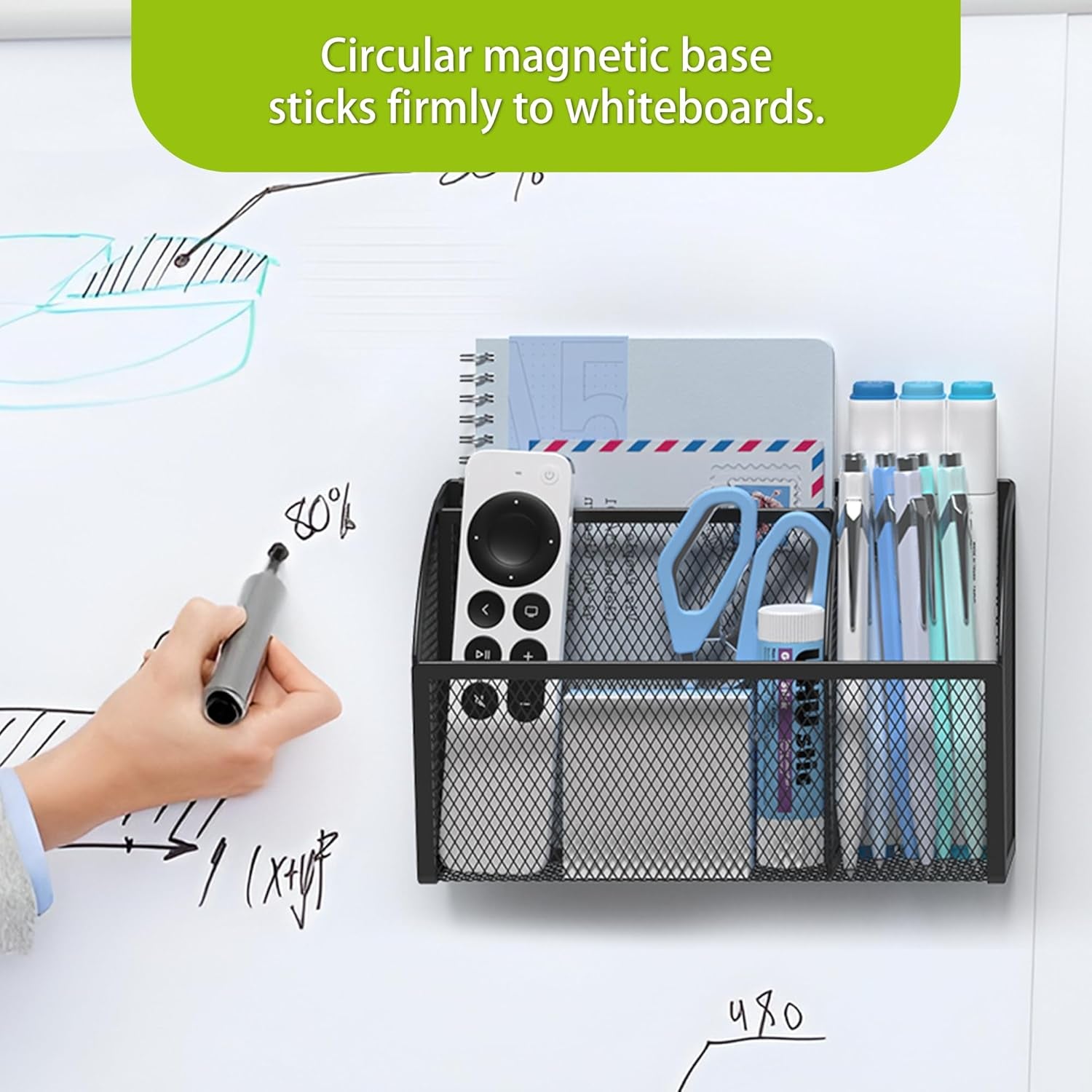 3 Compartment Magnetic Metal Mesh Pen Holder, Black Desk Caddy