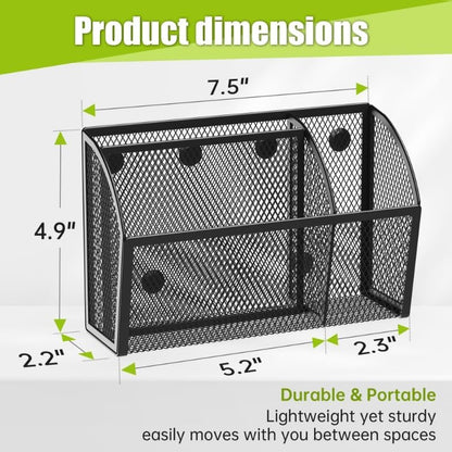 3 Compartment Magnetic Metal Mesh Pen Holder, Black Desk Caddy