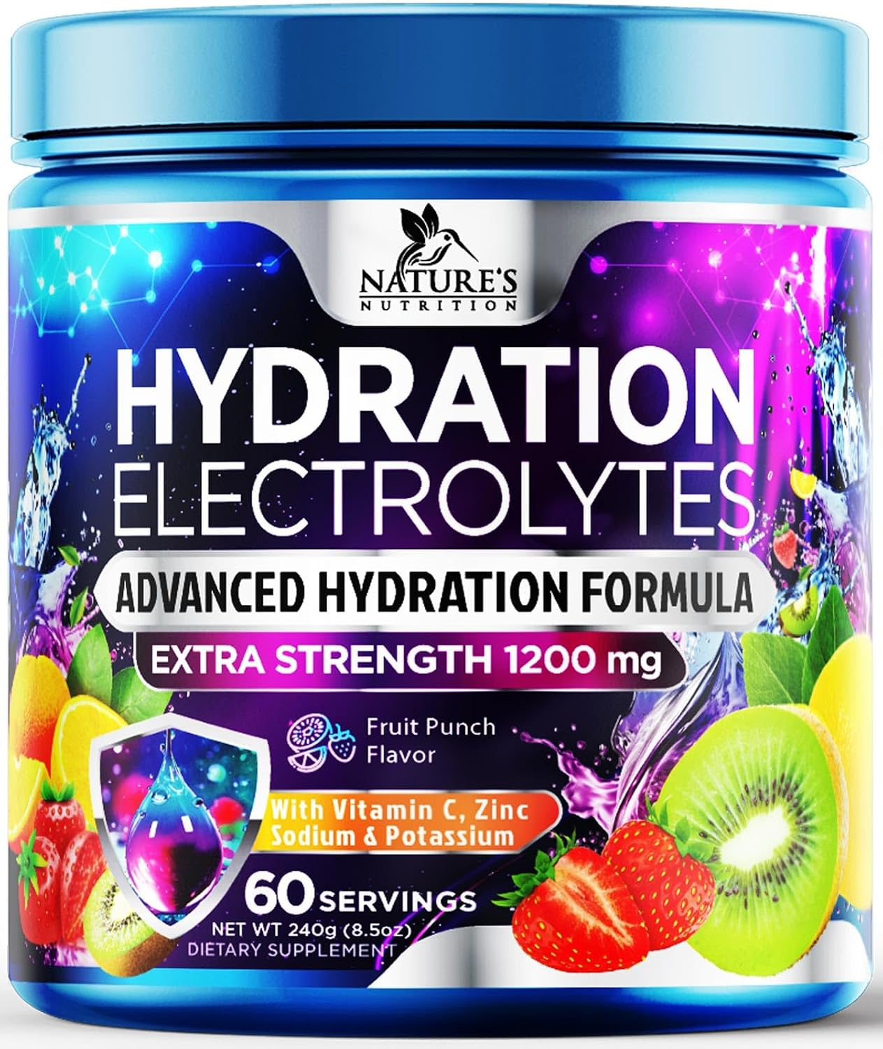 Hydration Electrolyte Powder - Advanced Hydration Formula Daily Liquid Replenisher Drink Mix - Electrolytes Multiplier with Minerals, Potassium & Real Salt - Vegan - Tasty Fruit Flavor - 60 Servings
