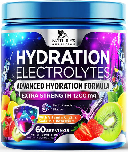 Hydration Electrolyte Powder - Advanced Hydration Formula Daily Liquid Replenisher Drink Mix - Electrolytes Multiplier with Minerals, Potassium & Real Salt - Vegan - Tasty Fruit Flavor - 60 Servings