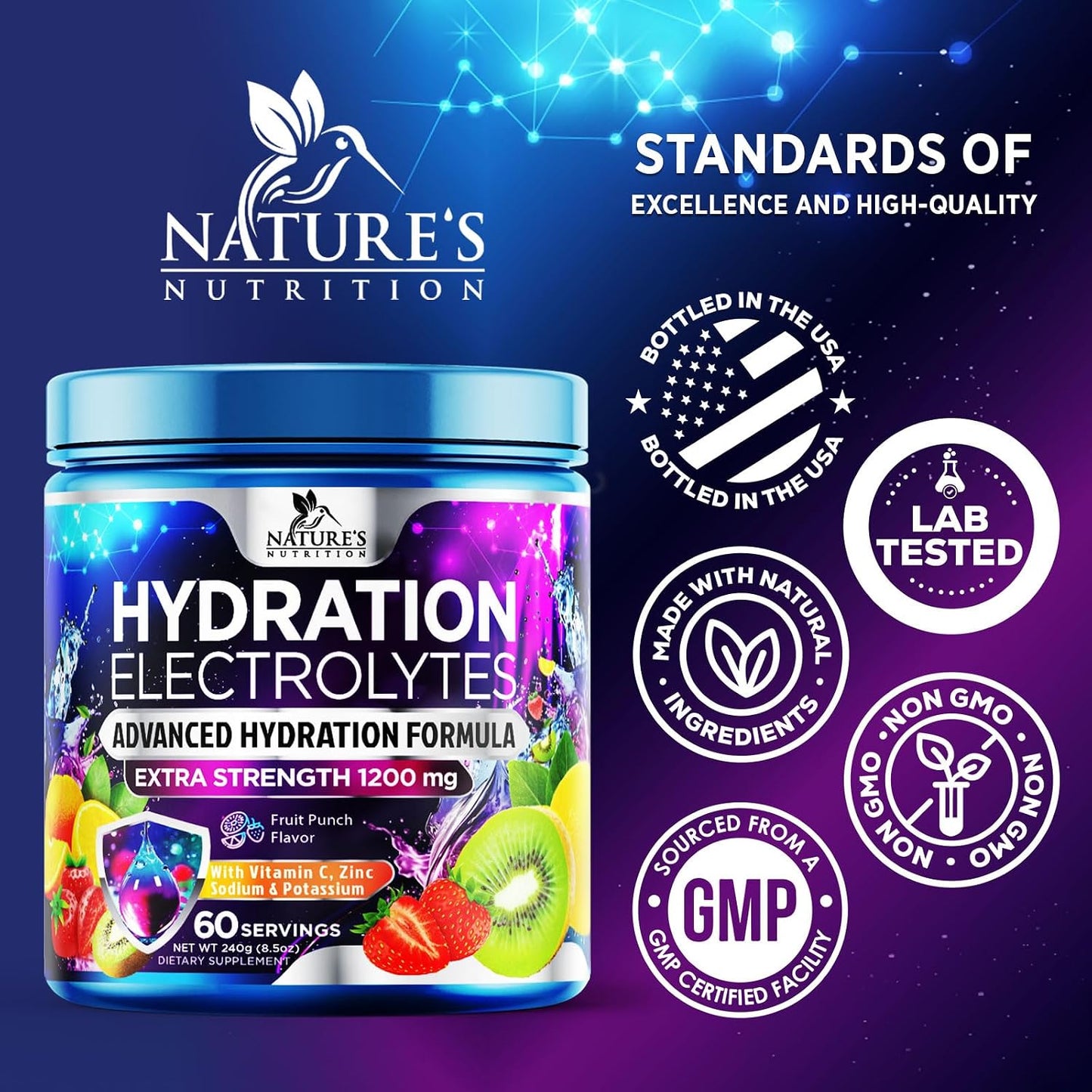 Hydration Electrolyte Powder - Advanced Hydration Formula Daily Liquid Replenisher Drink Mix - Electrolytes Multiplier with Minerals, Potassium & Real Salt - Vegan - Tasty Fruit Flavor - 60 Servings