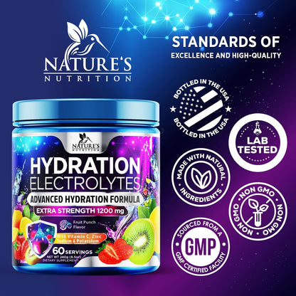 Hydration Electrolyte Powder - Advanced Hydration Formula Daily Liquid Replenisher Drink Mix - Electrolytes Multiplier with Minerals, Potassium & Real Salt - Vegan - Tasty Fruit Flavor - 60 Servings