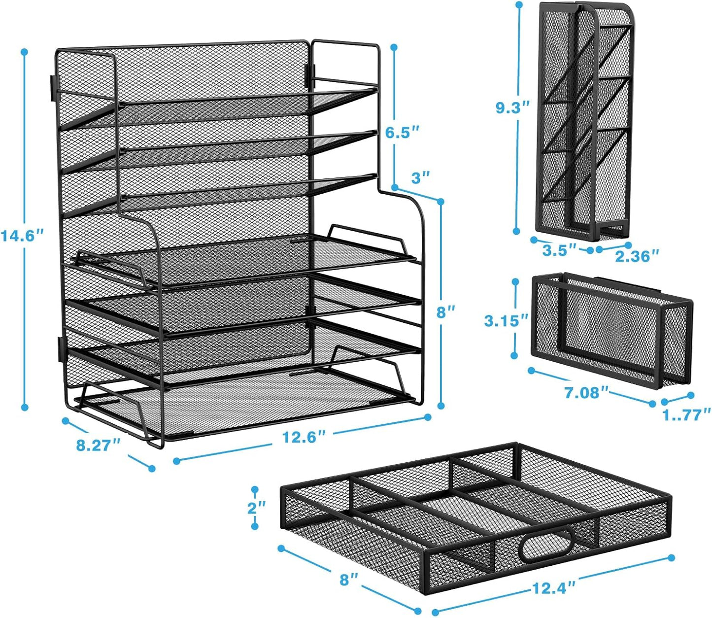 7 Tier Desk File Organizer Office Storage Desk Accessories, Desktop Organizer for Office Supplies with Drawer and 2 Pen Holders (Black)