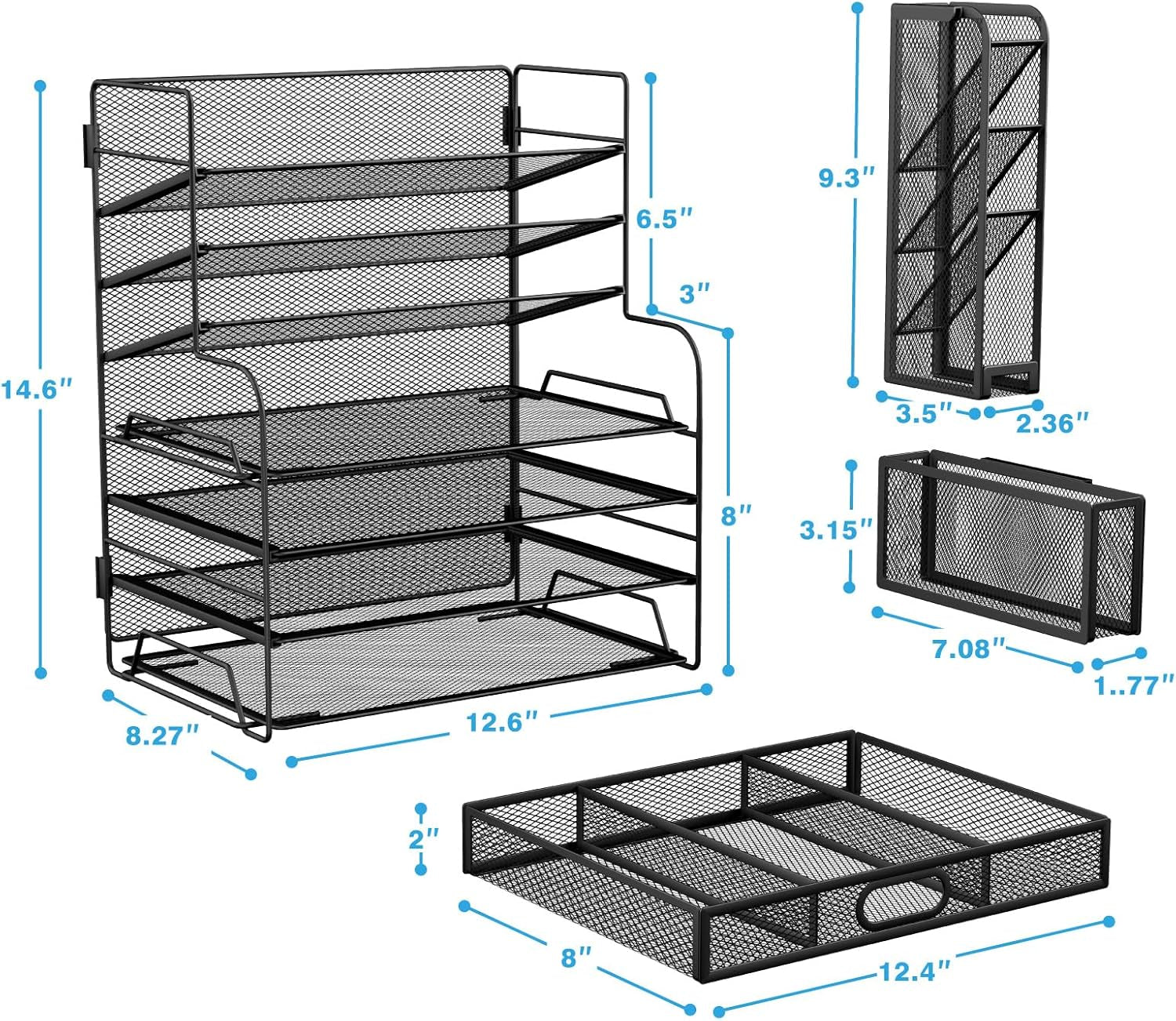 7 Tier Desk File Organizer Office Storage Desk Accessories, Desktop Organizer for Office Supplies with Drawer and 2 Pen Holders (Black)