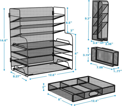 7 Tier Desk File Organizer Office Storage Desk Accessories, Desktop Organizer for Office Supplies with Drawer and 2 Pen Holders (Black)