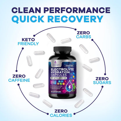 Electrolyte Capsules - Hydration Electrolytes Complex with Magnesium, Sodium, Potassium and Chloride - Keto Friendly Rehydration Recovery Supplement with Zero Sugar - Bottled in USA - 60 Capsules