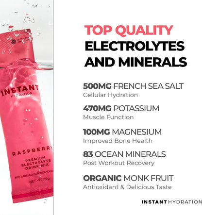 Electrolytes Powder Packets - Raspberry Electrolyte Drink Mix - Zero Sugar - Keto, Vegan, Gluten-Free, Non-Gmo - Boost Recovery, Brain Health, Muscle & Tissue Support- 30 Sticks
