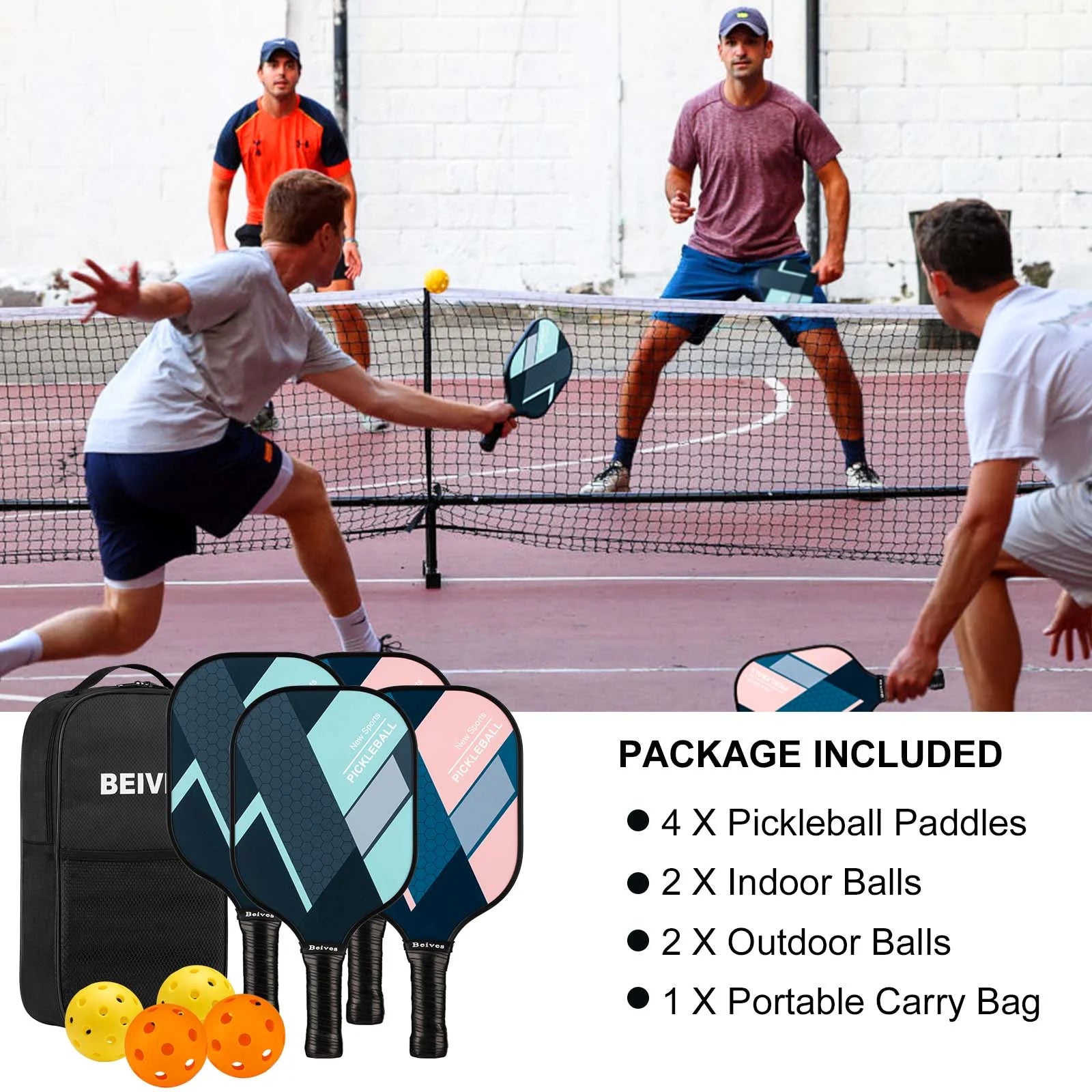 Get Ready for Fun: Pickleball Paddles Set of 4 with Lightweight Fiberglass Rackets, 4 Balls, and Stylish Carry Bag!
