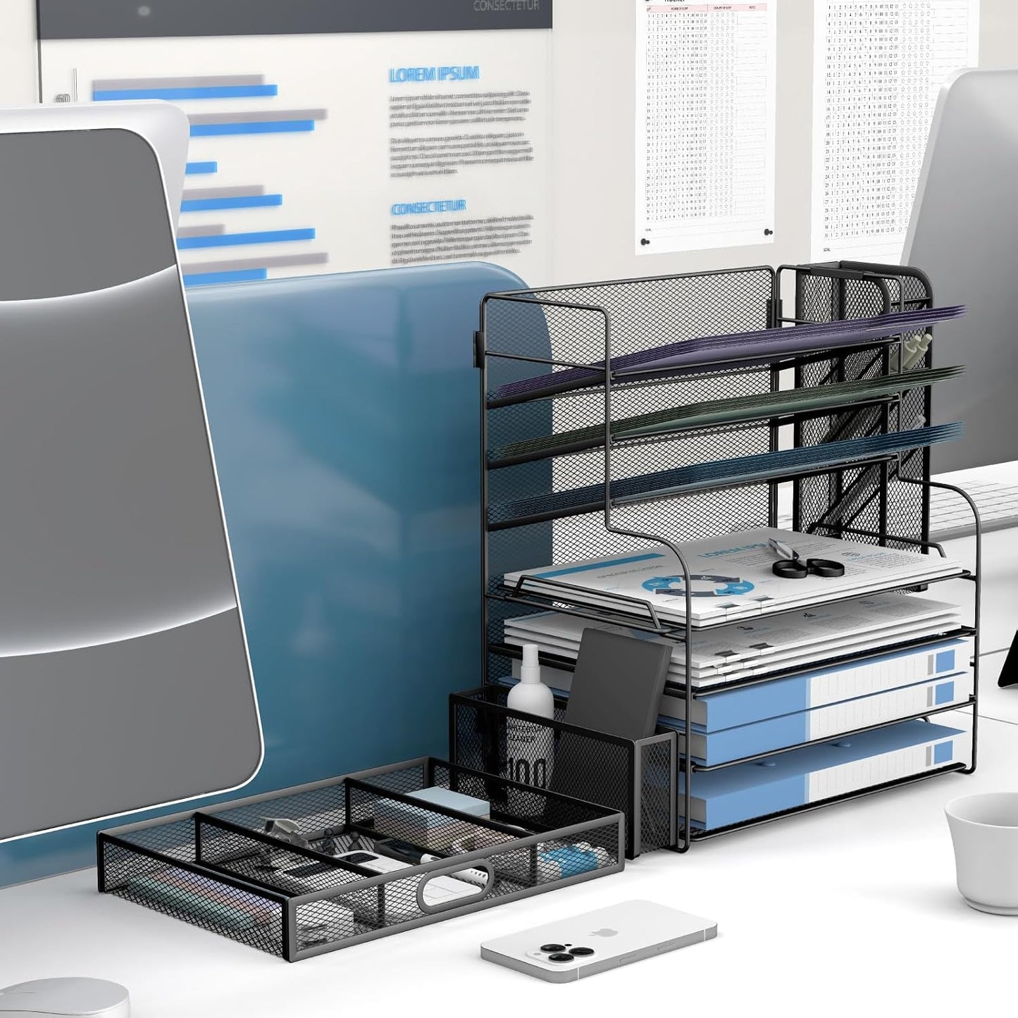7 Tier Desk File Organizer Office Storage Desk Accessories, Desktop Organizer for Office Supplies with Drawer and 2 Pen Holders (Black)