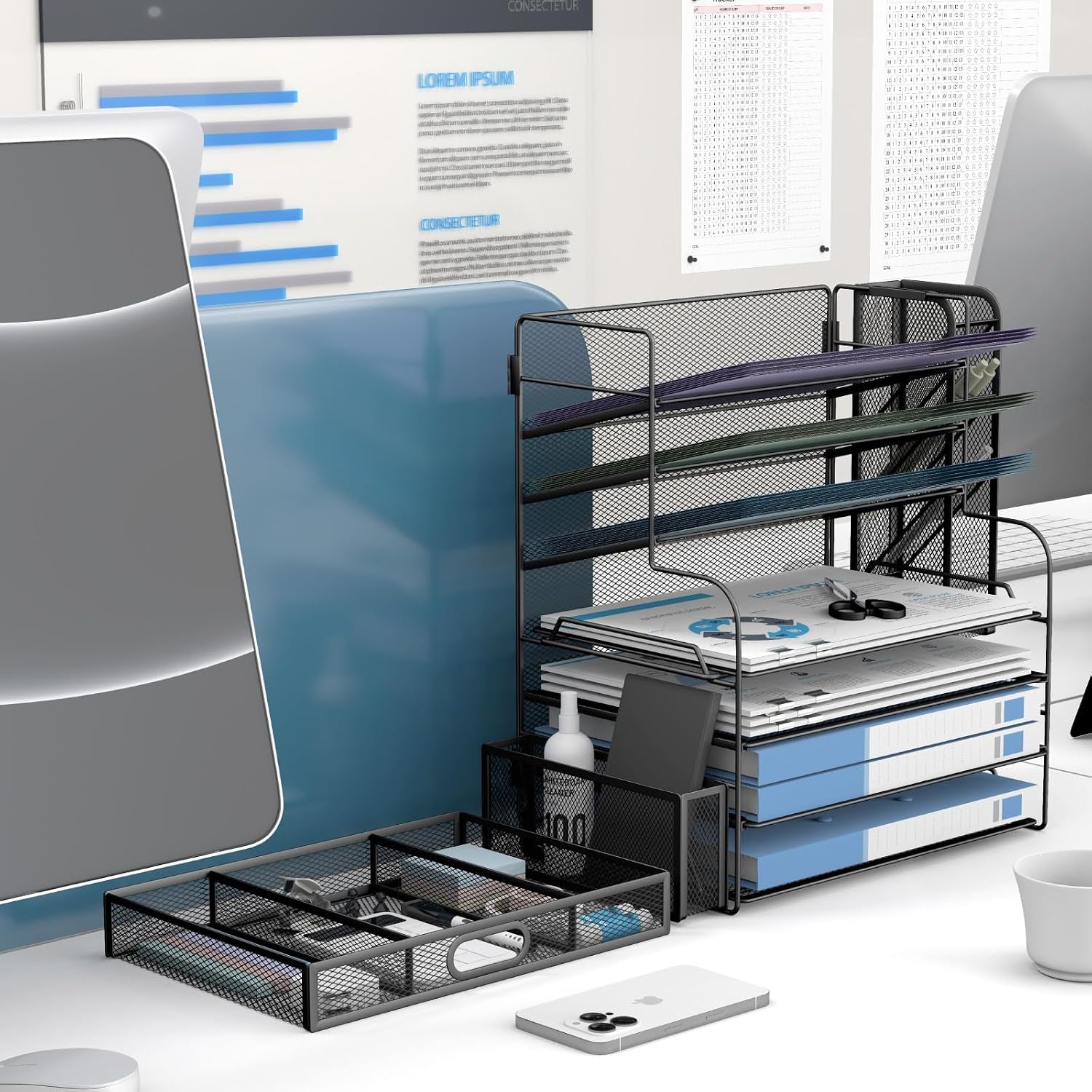 7 Tier Desk File Organizer Office Storage Desk Accessories, Desktop Organizer for Office Supplies with Drawer and 2 Pen Holders (Black)