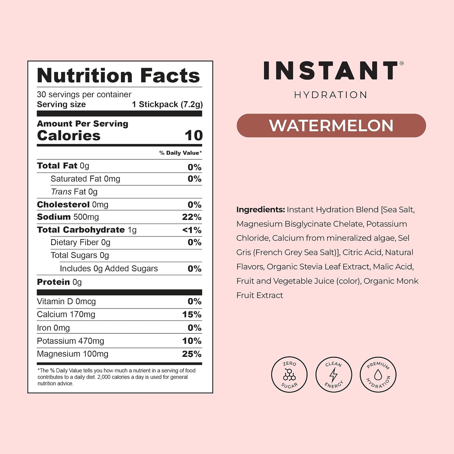 Electrolytes Powder Packets - Watermelon Electrolyte Drink Mix - Zero Sugar - Keto, Vegan, Gluten-Free, Non-Gmo - Boost Recovery, Brain Health, Muscle & Tissue Support- 30 Sticks