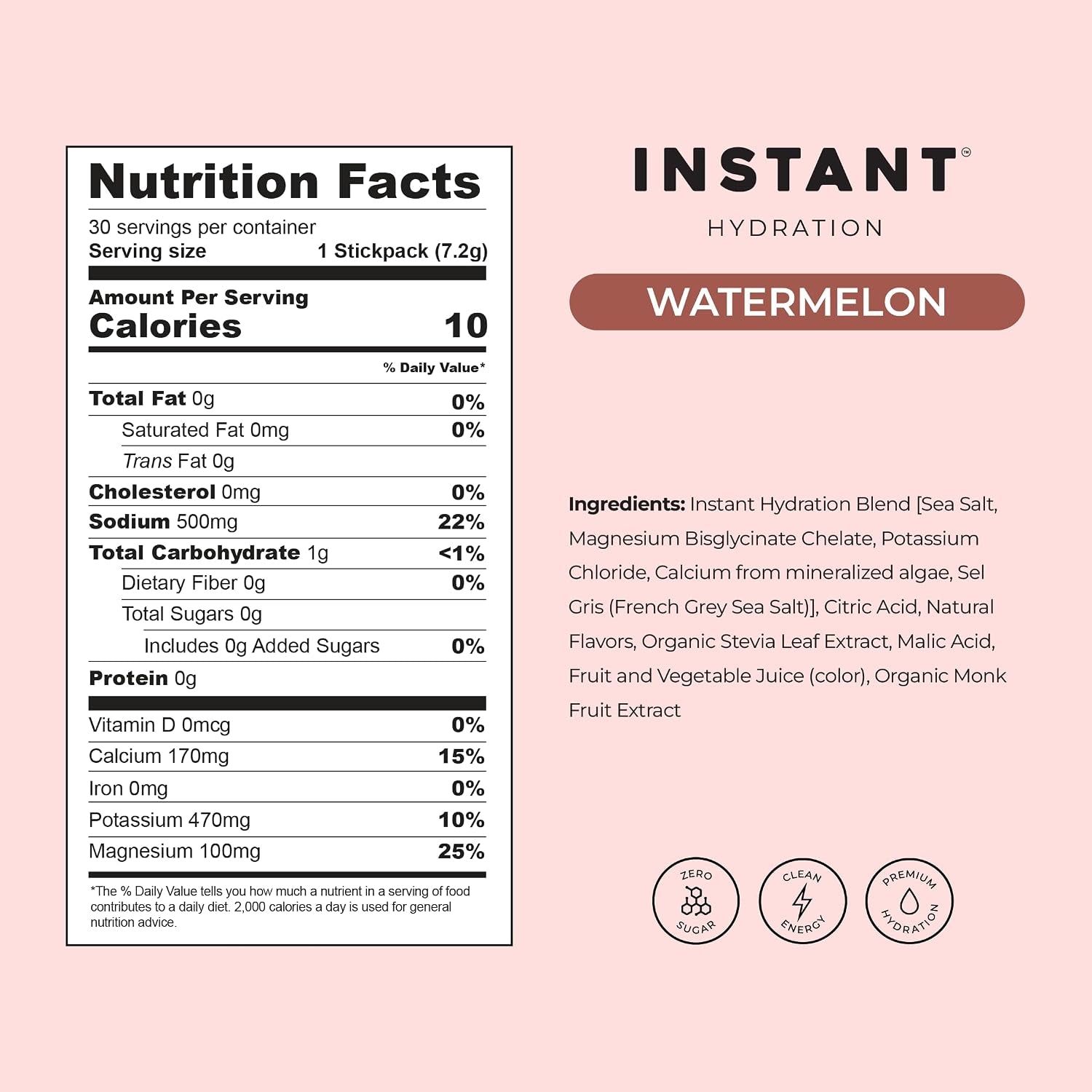 Electrolytes Powder Packets - Watermelon Electrolyte Drink Mix - Zero Sugar - Keto, Vegan, Gluten-Free, Non-Gmo - Boost Recovery, Brain Health, Muscle & Tissue Support- 30 Sticks