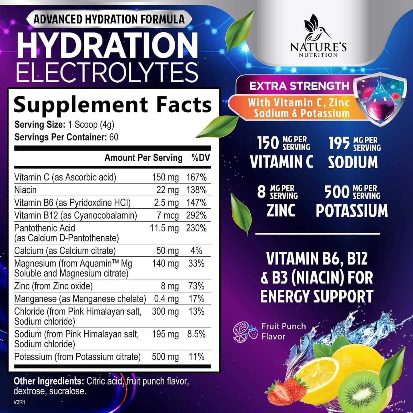 Hydration Electrolyte Powder - Advanced Hydration Formula Daily Liquid Replenisher Drink Mix - Electrolytes Multiplier with Minerals, Potassium & Real Salt - Vegan - Tasty Fruit Flavor - 60 Servings