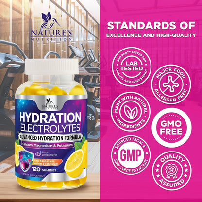 Hydration Electrolyte Gummies - Daily Liquid Replenisher Gummy - Electrolyte Multiplier with Minerals, Potassium & Real Salt - Vegan, Non-Gmo - Tasty Lemon Flavor Hydration Electrolytes - 120 Gummies
