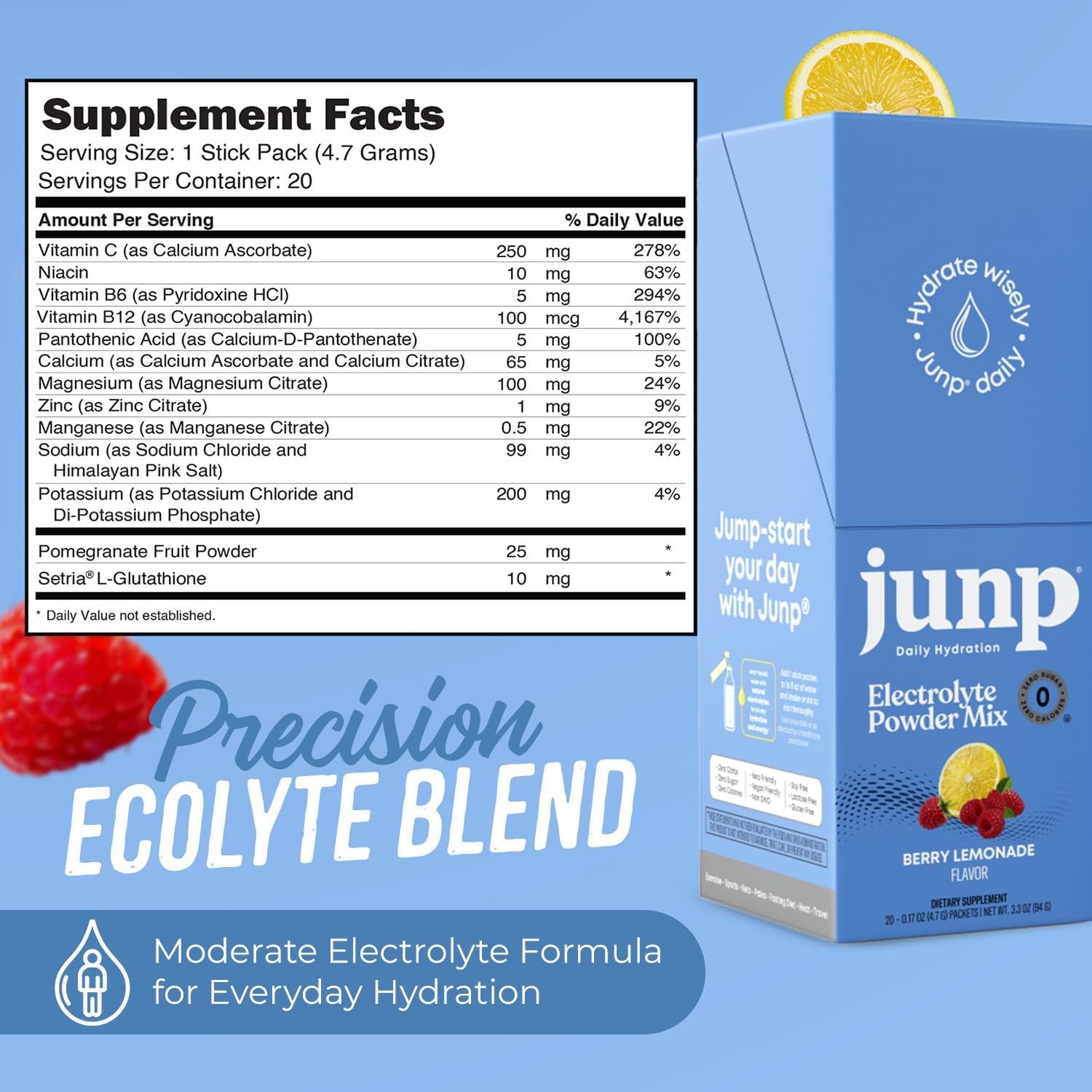 Sugar Free Electrolytes Powder Packets for Water Instant Hydration Packets with Salt & Potassium, Zero Calorie No Carbs No Sugar Electrolyte Drink Mix Sticks, Keto Friendly Berry Lemonade, 20 Ct