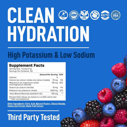 Electrolytes Powder – Mixed Berry, Zero Sugar, 12.5 Oz Tub - Zero Calorie Hydration Mix Packed with Potassium, Magnesium, and Essential Trace Minerals. Daily Electrolyte Support