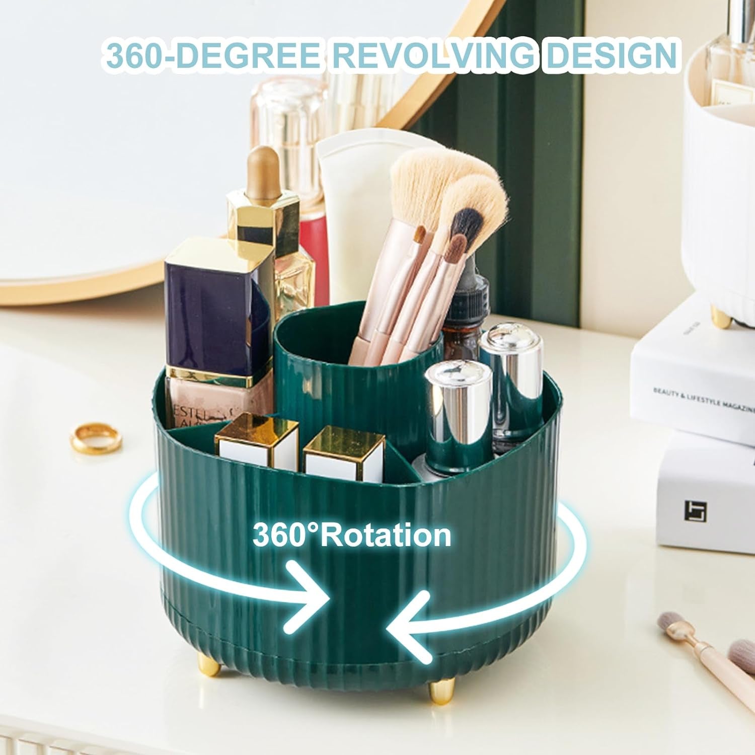 Pencil Holder for Desk,5 Slots 360°Degree Rotating Desk Organizers and Accessories,Desktop Storage Stationery Supplies Organizer, Cute Pencil Cup Pot for Office, School, Home (A-Green)