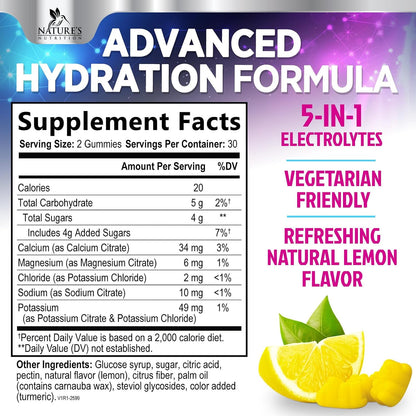 Hydration Electrolyte Gummies - Daily Liquid Replenisher Gummy - Electrolyte Multiplier with Minerals, Potassium & Real Salt - Vegan, Non-Gmo - Tasty Lemon Flavor Hydration Electrolytes - 60 Gummies