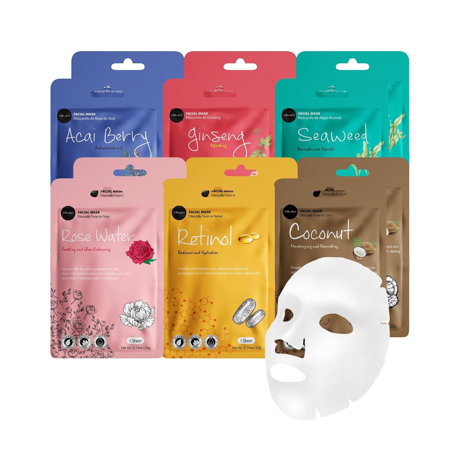 Celavi Essence Facial Face Mask K-Beauty Skincare Korea Skin Care Moisturizing (2 of Each) D Set | Twelve Essence Masks, Two Each of Six Formulas. Ginseng, Seaweed, Rose Water, Coconut and More.