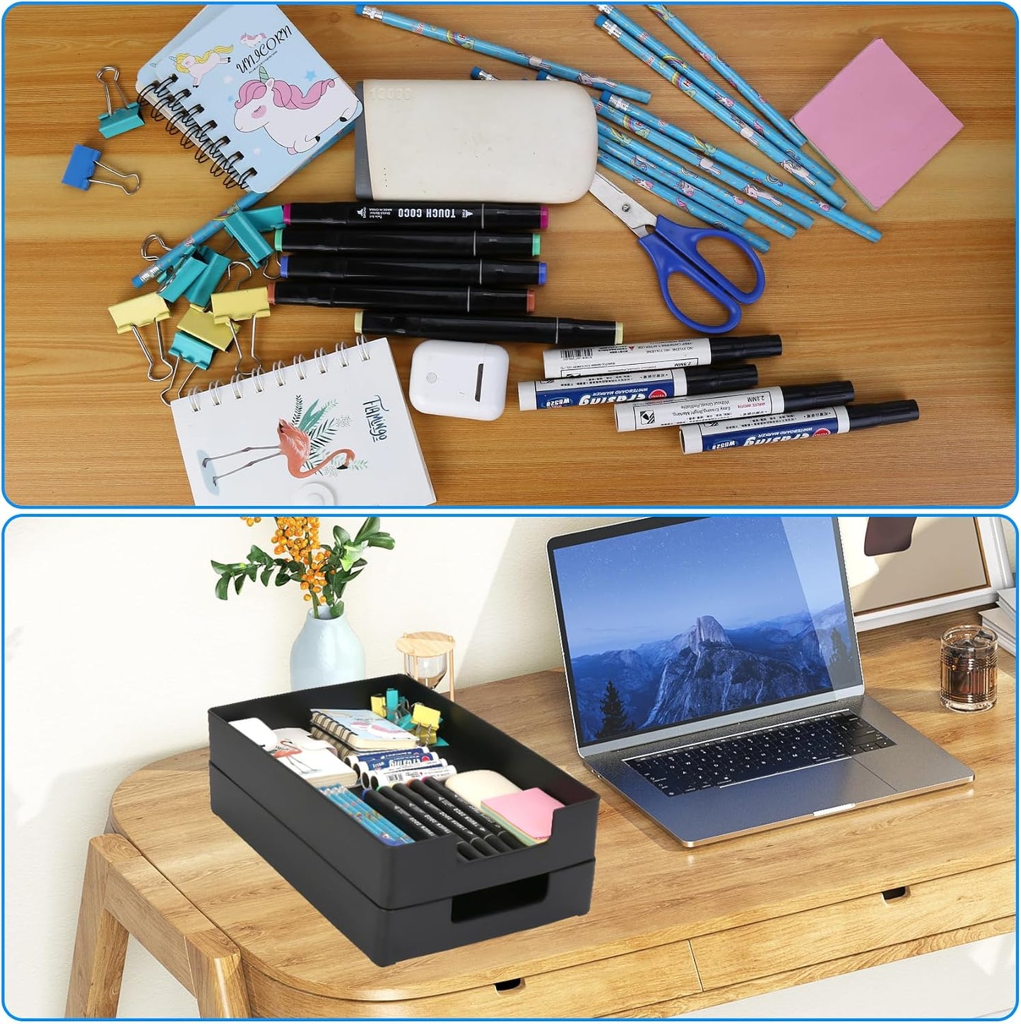 Letter-Size Tray, 2PCS Plastic Stackable A4 Paper Tray, Desk Drawer Organizer, Multi-Use Large Storage Basket for Office Home Supplies,13 X 9.6 Inch