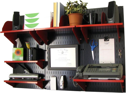 Office Organizer Unit Wall Mounted Office Desk Storage and Organization Kit Black Slotted Wallboards and Red Accessories