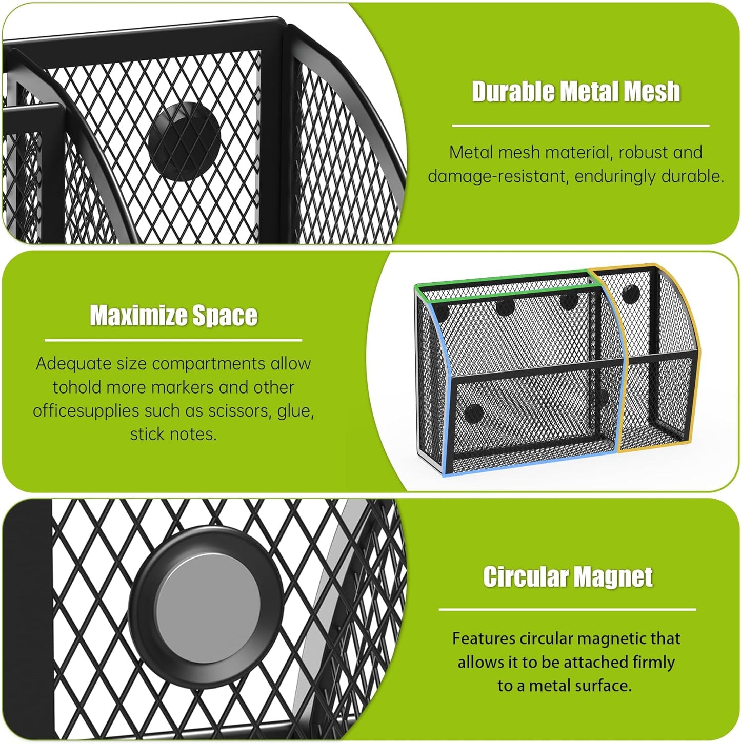 3 Compartment Magnetic Metal Mesh Pen Holder, Black Desk Caddy