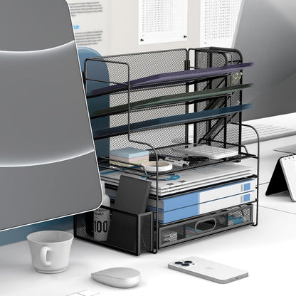 7 Tier Desk File Organizer Office Storage Desk Accessories, Desktop Organizer for Office Supplies with Drawer and 2 Pen Holders (Black)