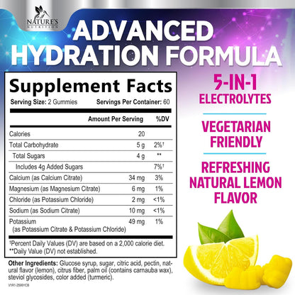 Hydration Electrolyte Gummies - Daily Liquid Replenisher Gummy - Electrolyte Multiplier with Minerals, Potassium & Real Salt - Vegan, Non-Gmo - Tasty Lemon Flavor Hydration Electrolytes - 120 Gummies