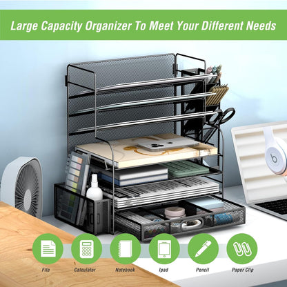 7 Tier Desk File Organizer Office Storage Desk Accessories, Desktop Organizer for Office Supplies with Drawer and 2 Pen Holders (Black)