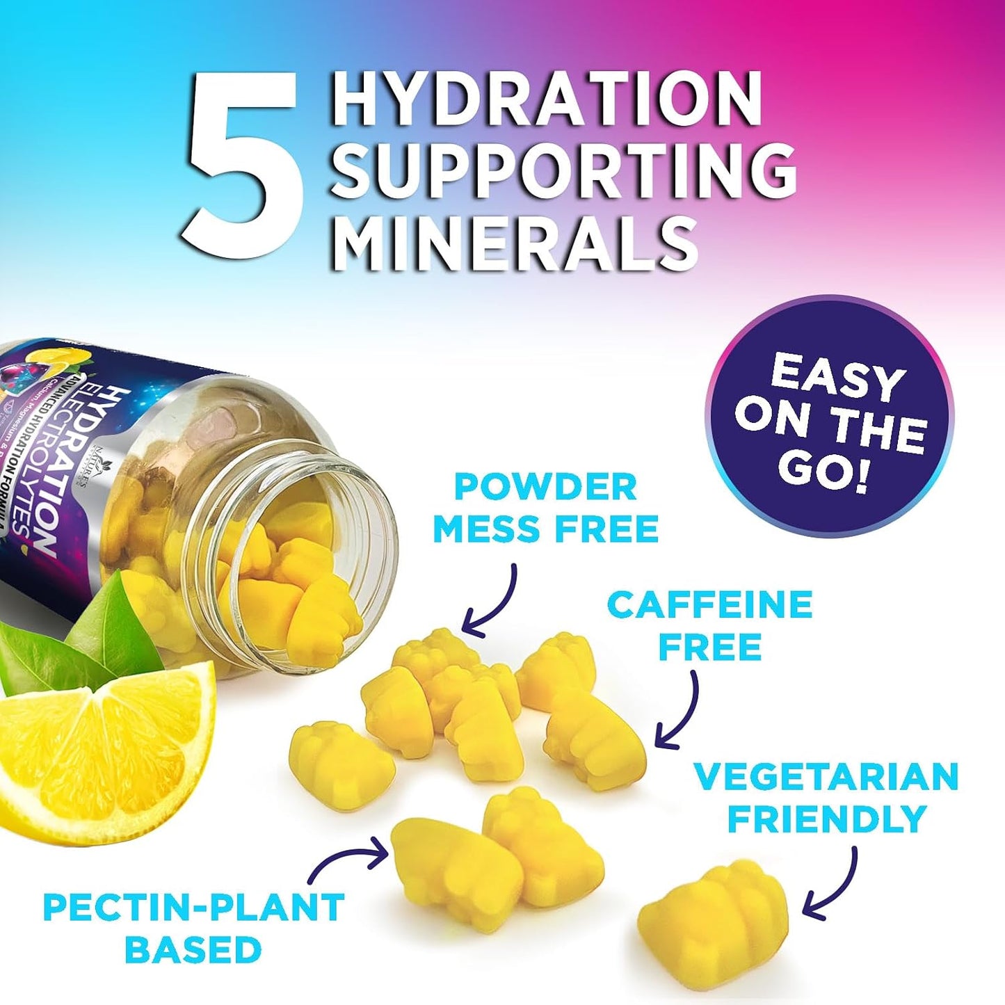 Hydration Electrolyte Gummies - Daily Liquid Replenisher Gummy - Electrolyte Multiplier with Minerals, Potassium & Real Salt - Vegan, Non-Gmo - Tasty Lemon Flavor Hydration Electrolytes - 60 Gummies
