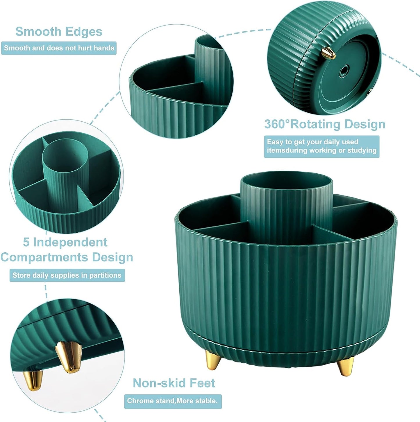 Pencil Holder for Desk,5 Slots 360°Degree Rotating Desk Organizers and Accessories,Desktop Storage Stationery Supplies Organizer, Cute Pencil Cup Pot for Office, School, Home (A-Green)