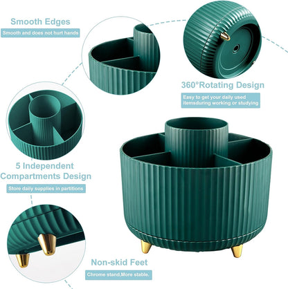 Pencil Holder for Desk,5 Slots 360°Degree Rotating Desk Organizers and Accessories,Desktop Storage Stationery Supplies Organizer, Cute Pencil Cup Pot for Office, School, Home (A-Green)
