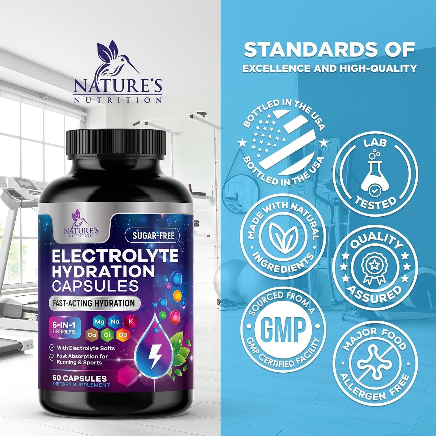 Electrolyte Capsules - Hydration Electrolytes Complex with Magnesium, Sodium, Potassium and Chloride - Keto Friendly Rehydration Recovery Supplement with Zero Sugar - Bottled in USA - 60 Capsules
