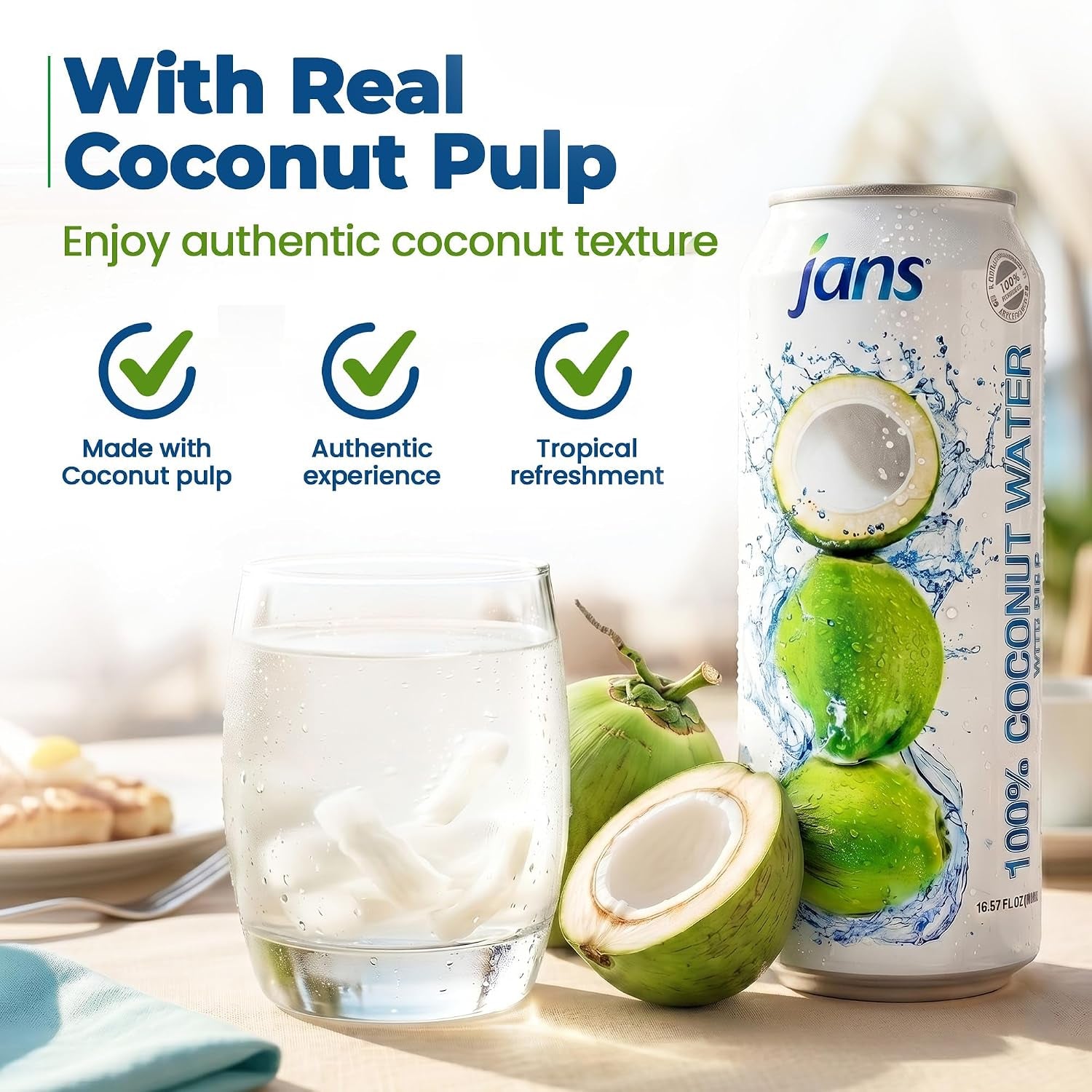 100% Coconut Water with Pulp, Unsweetened, 16.57 Fl Oz, Pack of 12