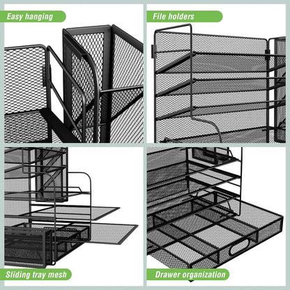 7 Tier Desk File Organizer Office Storage Desk Accessories, Desktop Organizer for Office Supplies with Drawer and 2 Pen Holders (Black)