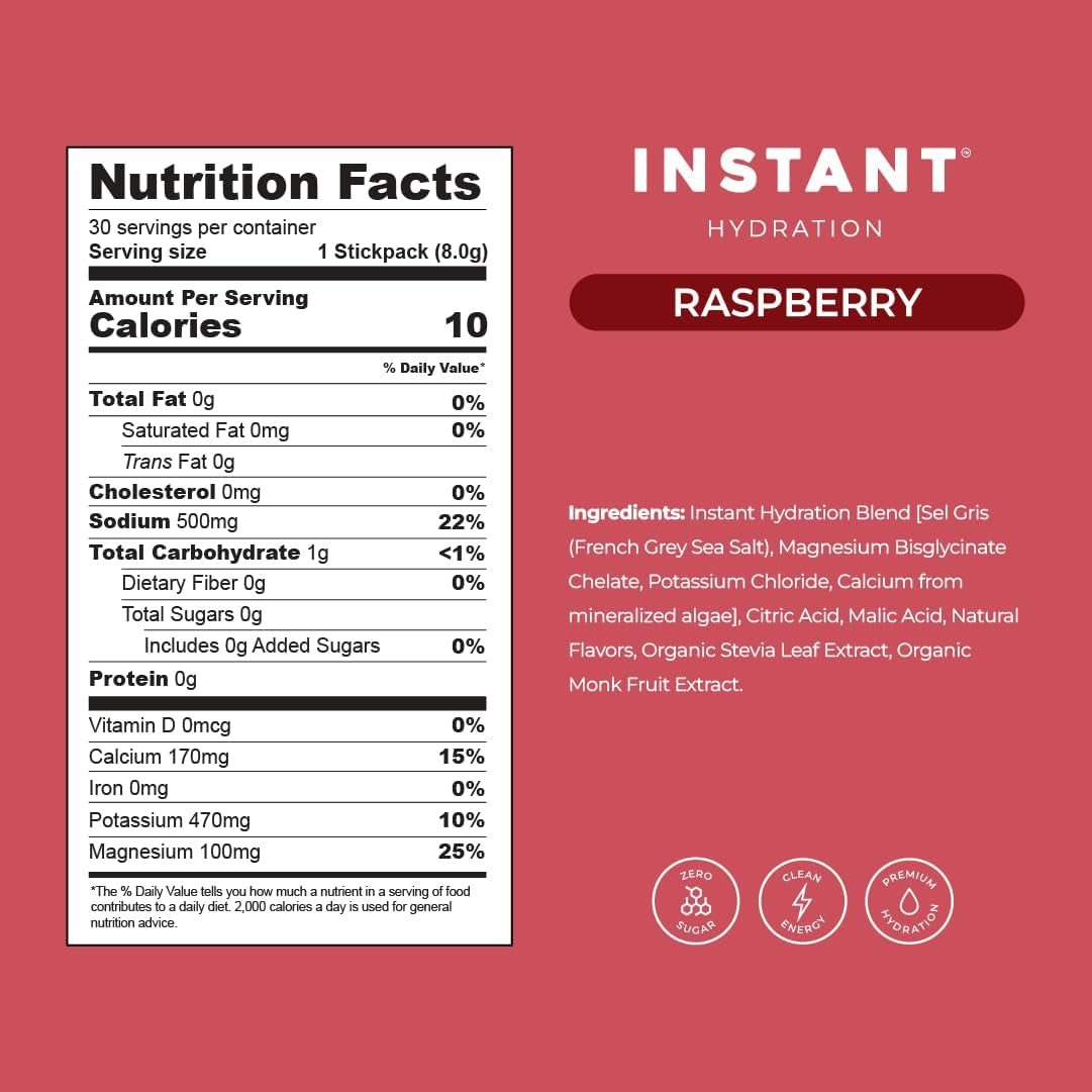 Electrolytes Powder Packets - Raspberry Electrolyte Drink Mix - Zero Sugar - Keto, Vegan, Gluten-Free, Non-Gmo - Boost Recovery, Brain Health, Muscle & Tissue Support- 30 Sticks