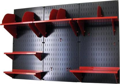 Office Organizer Unit Wall Mounted Office Desk Storage and Organization Kit Black Slotted Wallboards and Red Accessories