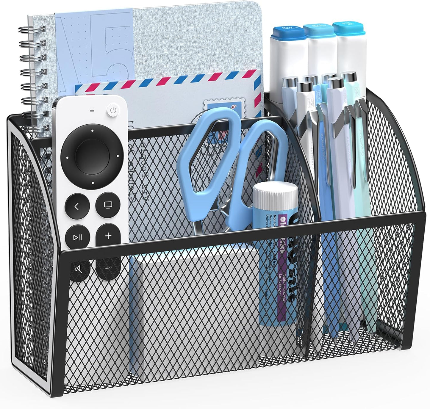 3 Compartment Magnetic Metal Mesh Pen Holder, Black Desk Caddy