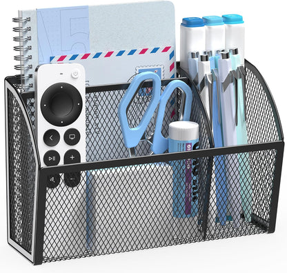 3 Compartment Magnetic Metal Mesh Pen Holder, Black Desk Caddy